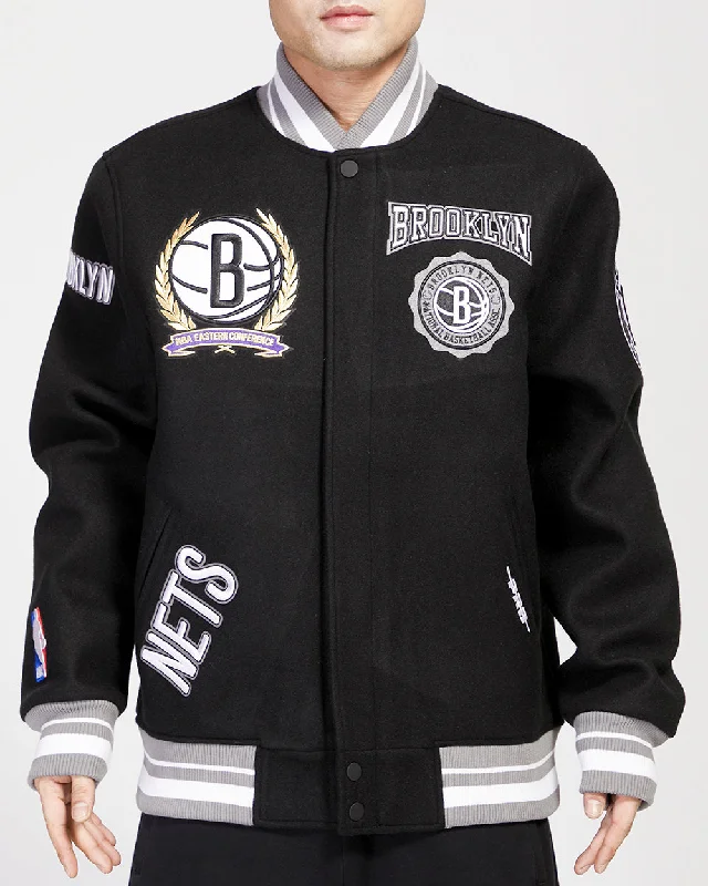 CHAMARRA BROOKLYN NETS CREST EMBLEM RIB WOOL VARSITY JACKET Hoodie Zip-Up Jacket Button-Up Jacket