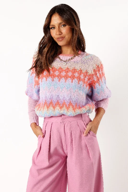 Emerson Fairisle Knit Sweater - Coral Blue Long Sweater Short Sweater Cropped Sweater