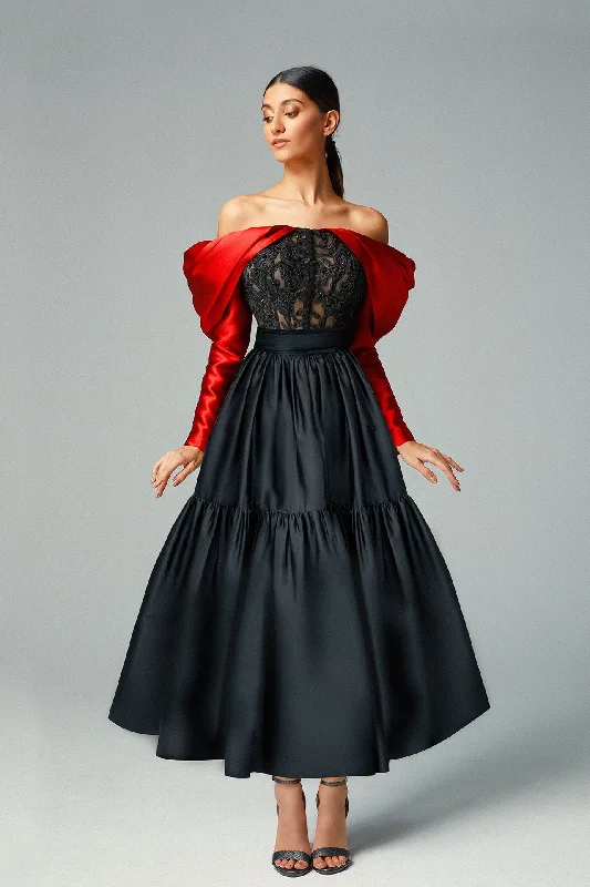 Embroidered off shoulder top with midi skirt silk skirt sleek