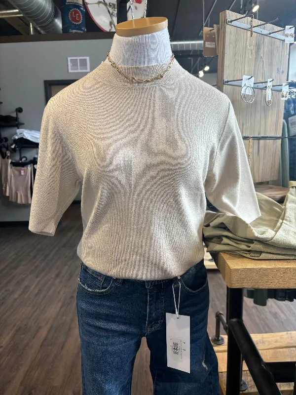 Molly Bracken beige knit sweater top Turtle Neck Boat Neck Asymmetrical Neck