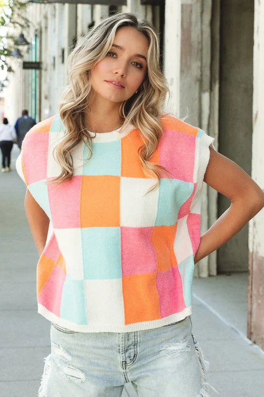 Mia Multi-Color Checker Sweater Vest Graphic Sweater Embroidered Appliqued