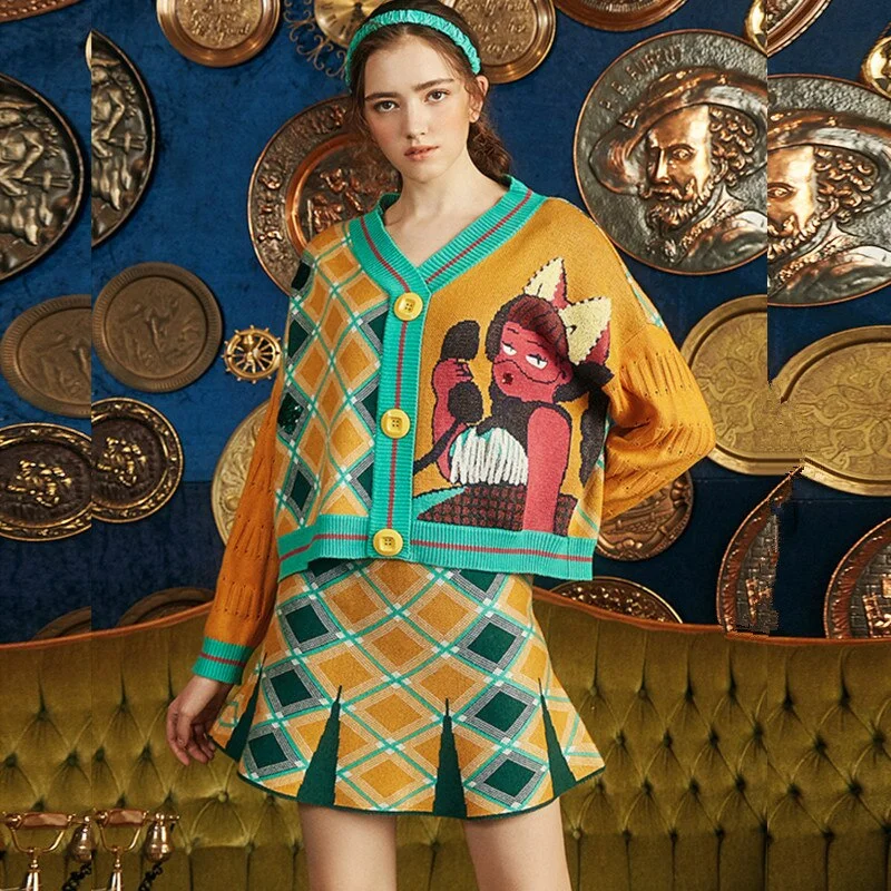 Spring and autumn female cartoon knitted skirt suit casual colorful cardigan sweater stitching skirt suit NS961 velvet skirt luxurious