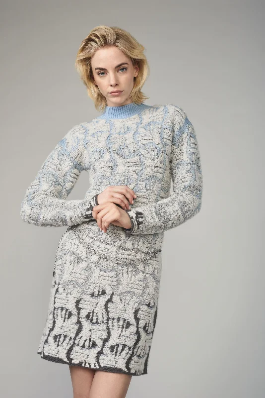 Fully Fashioning Kora Jacquard Knit Sweater Dress Collared Crew Neck Turtle Neck