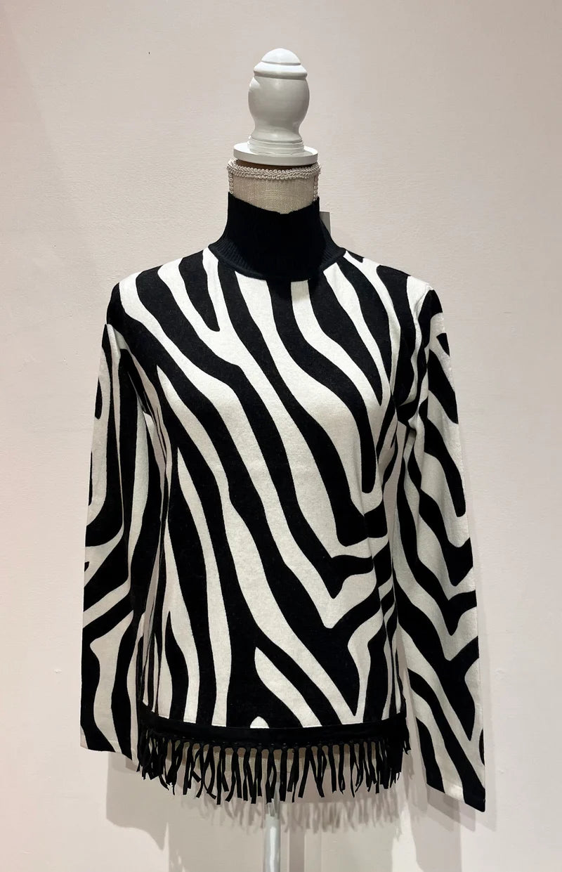 Tyler Boe Zebra Fringed Sweater Black Mesh Blend Leather Blend Suede Blend