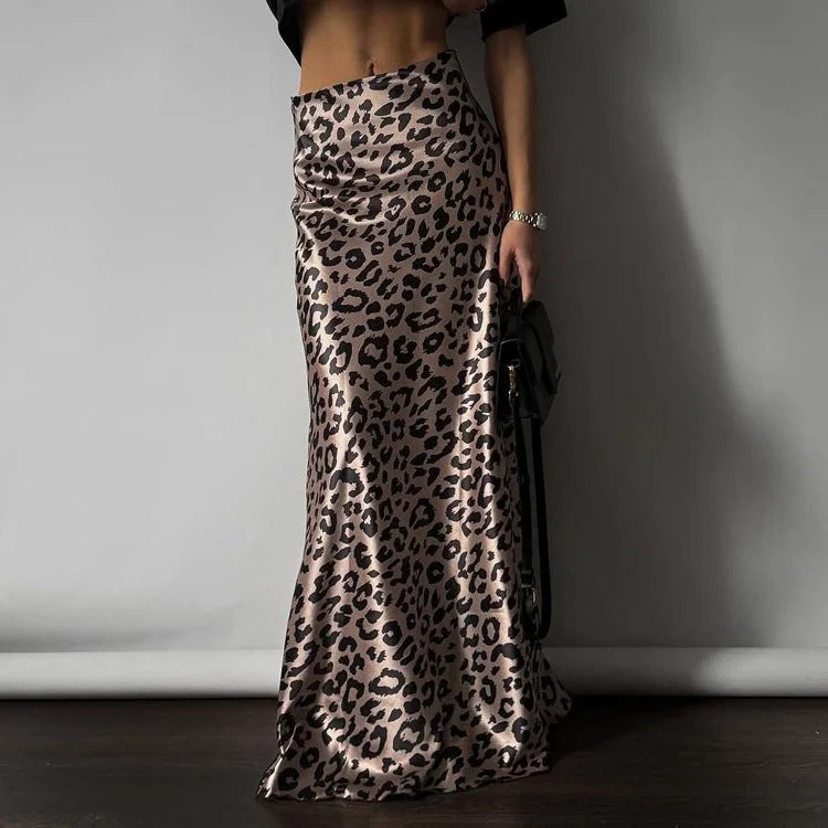 Satin Draping Leopard Print Fishtail Maxi Skirt a-line skirt cut