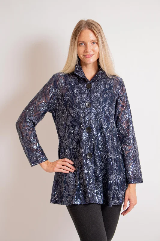 Navy Sequin Metallic Jacket Fleece Jacket Down Jacket Feather Jacket