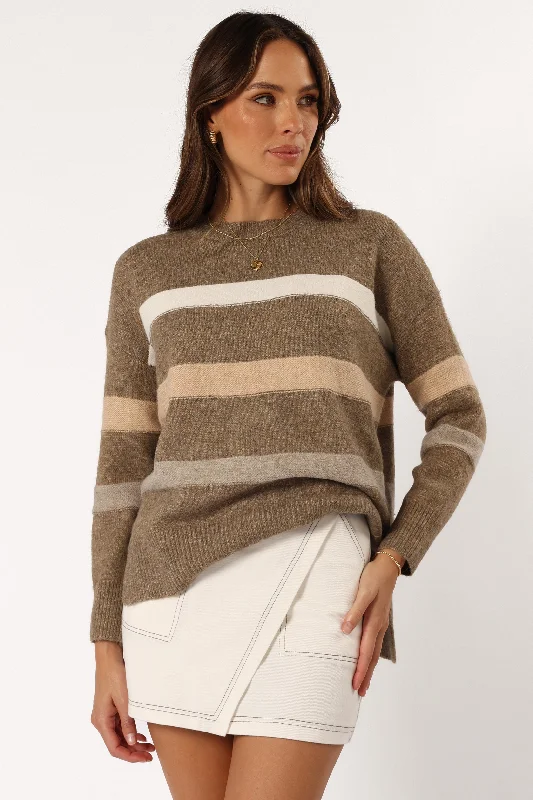 Esther Stripe Knit Sweater - Brown Zippered Buttoned Snapped
