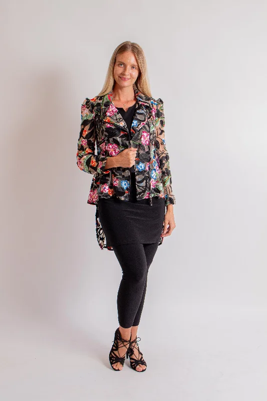 Embroidered Bouquet Hi-Lo Moto Jacket Tailored Jacket Straight Jacket A-Line Jacket