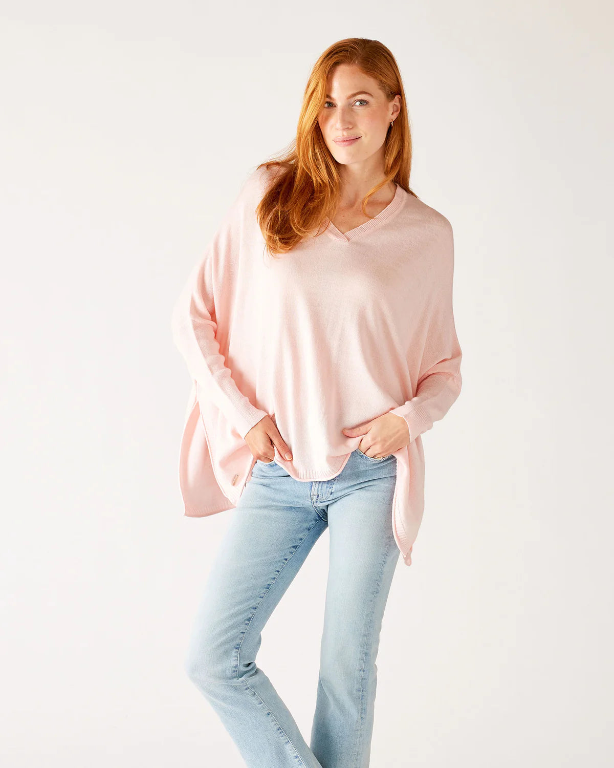Mersea Catalina V-Neck Sweater Sorbet Pink Mesh Sweater Canvas Denim