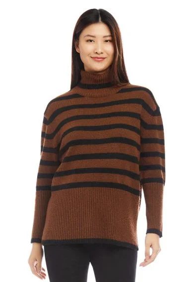 Karen Kane Striped Turtleneck Sweater Cognac/Black Print Jacquard Patchwork