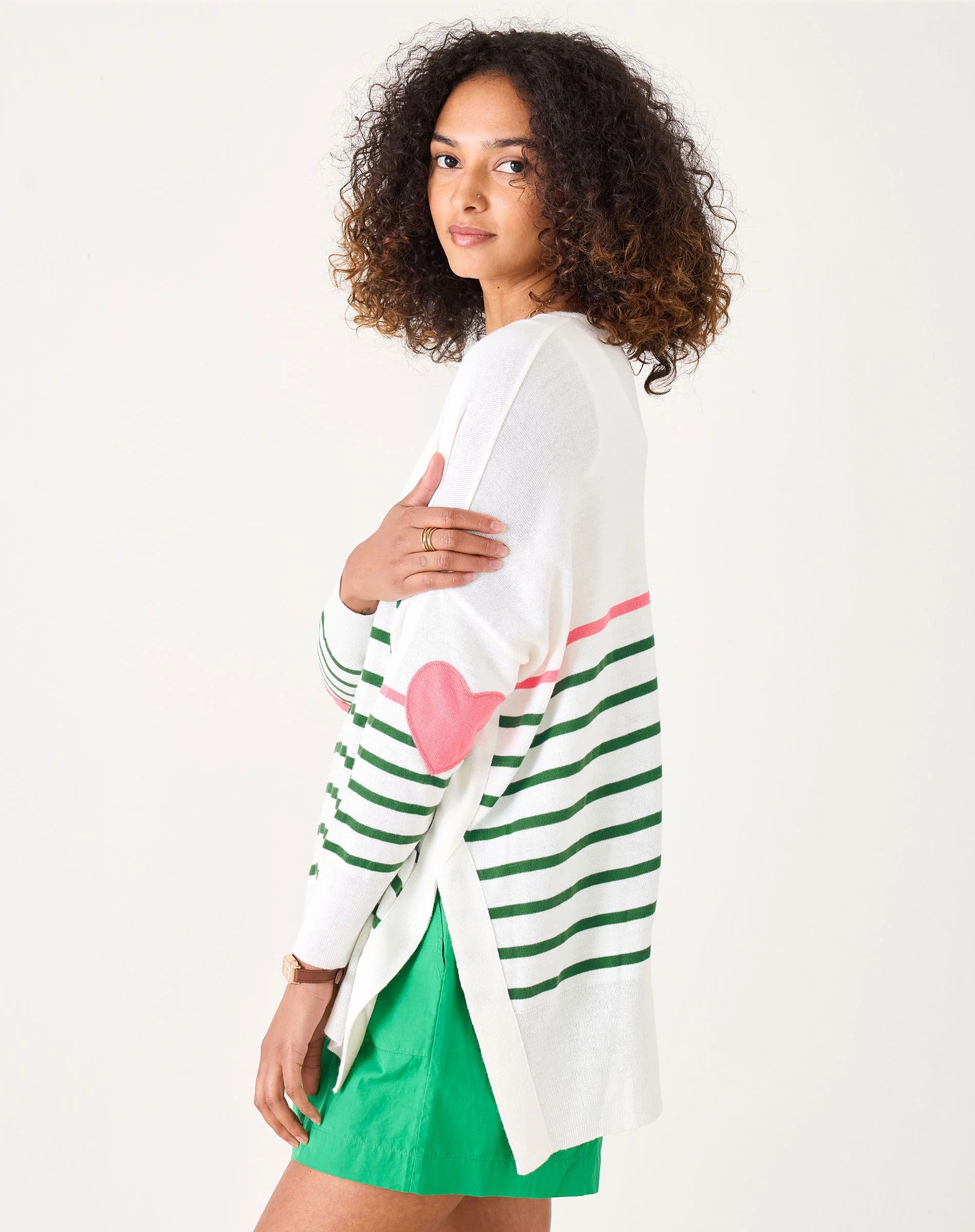 Mersea The Amour Sweater With Heart Patch- Kelly Green/Peach Stripe Nylon Fabric Polyester Fabric Spandex Fabric