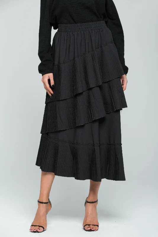 Solid Black Ribbed Tiered Midi Skirt leather skirt bold