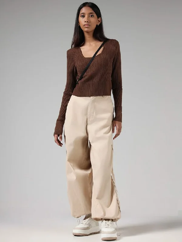 Nuon Brown Pointelle Knitted Sweater Hooded Caped Shawl Collar