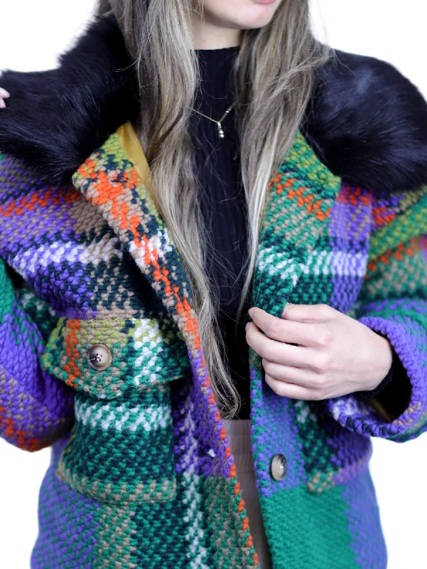La Fiorentina Short Plaid Wool Jacket w/ Faux Fur Trim- Green/Black Chenille Fabric Brocade Fabric Lace Fabric