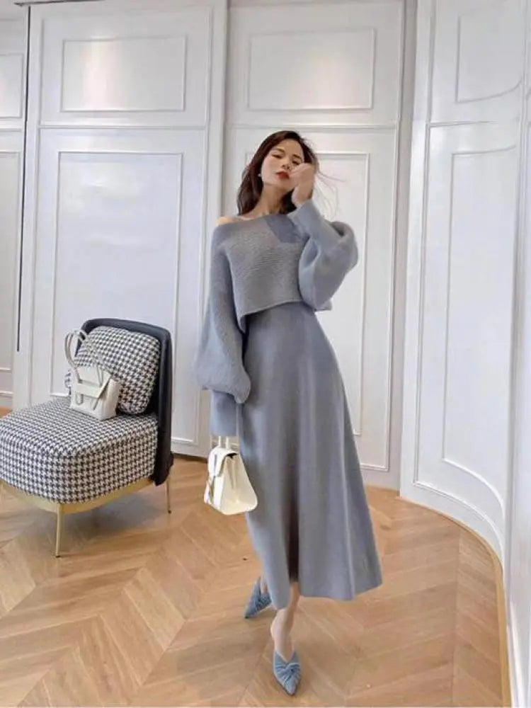 Autumn Winter Vintage Solid Long Sleeve Knitted Sweater Dress Women V Neck Slim Vest Dresses+ Lantern Sleeve Loose Tops Set Chenille Blend Fleece Blend Nylon Blend