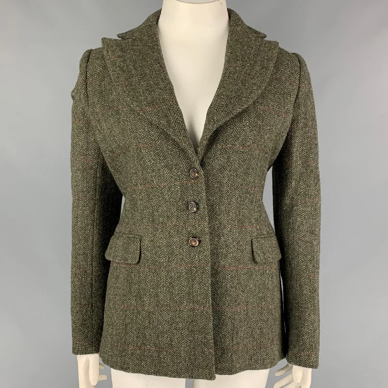 RALPH LAUREN Purple Label Size 12 Olive Brown Herringbone Wool Peak Lapel Jacket Nylon Fabric Polyester Fabric Spandex Fabric
