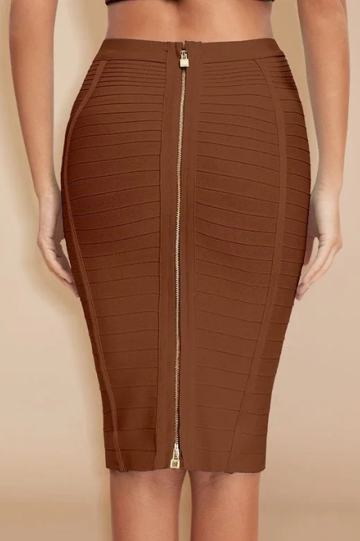Pencil High Waist Bandage Knee Length Knitted Skirt - Tan Brown silk skirt lustrous