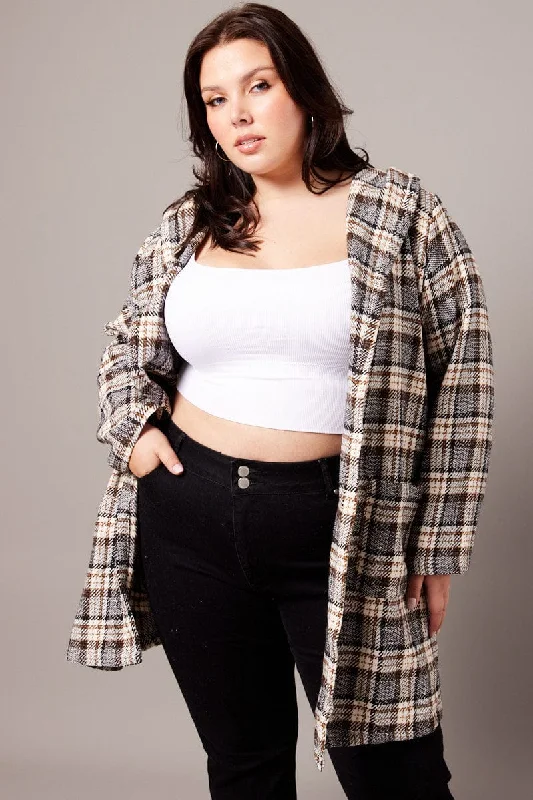 Brown Check Plaid Shacket Jacket With Hood Corduroy Jacket Velvet Jacket Brocade Jacket
