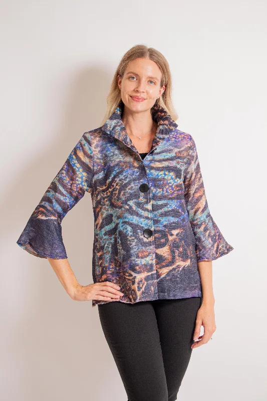 Mixed Animal Print Organza Jacket One-Shoulder Jacket Off-the-Shoulder Jacket Asymmetrical Jacket