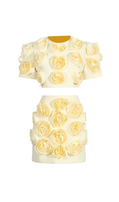 3D FLOWER BUBBLE SLEEVE TOP SKIRT SUIT IN YELLOW denim skirt fashionable