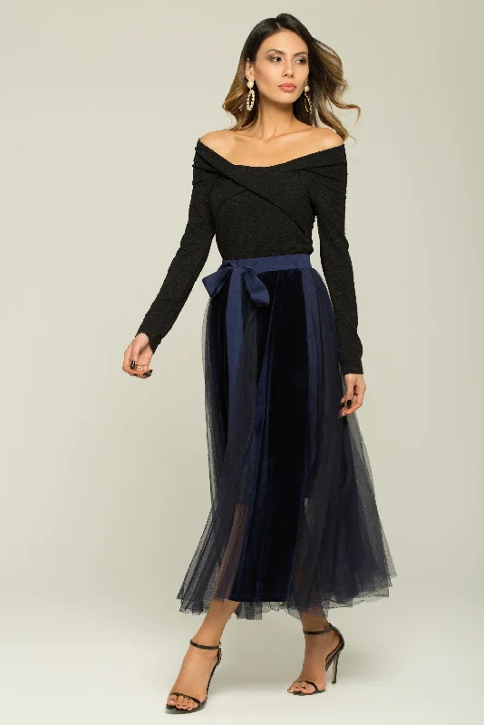 Black And Blue Boat Neck Top And Sheer Skirt With Belt Set chiffon skirt flowing