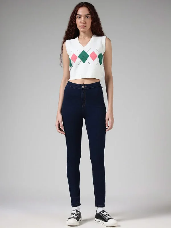 Nuon White Printed Crop Sweater Vest Stretchy Elastic Breathable