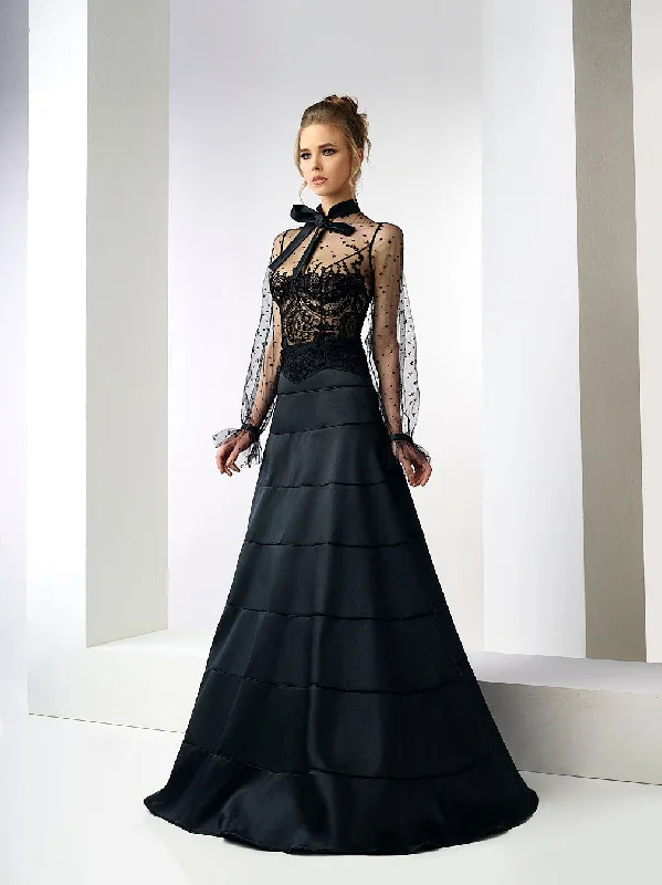 Bow collared neck embroidered top with taffeta skirt cashmere skirt fine