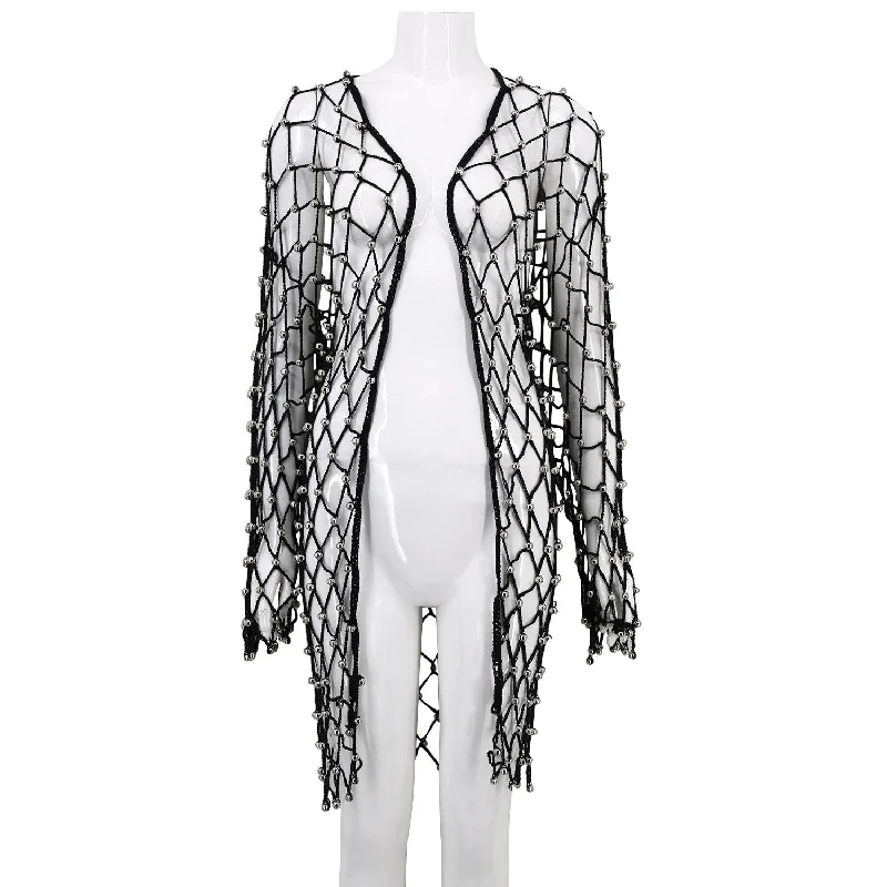 Winnal Women's Sexy Beaded Cover Up Jacket Knitted Grid Long Coat Herringbone Jacket Houndstooth Jacket Plaid Jacket