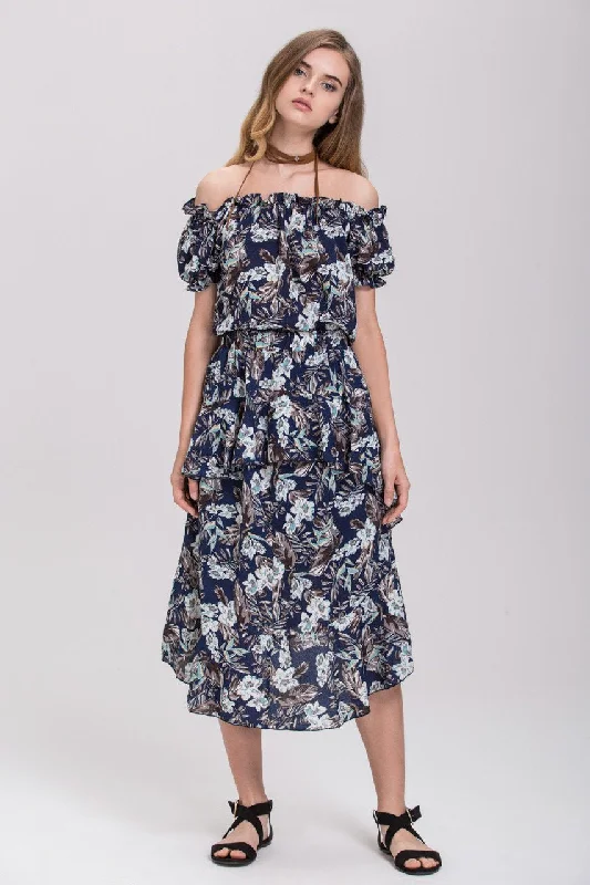 Blue Floral Printed Off the Shoulder and Ruffled Skirt Set wrap skirt elegant