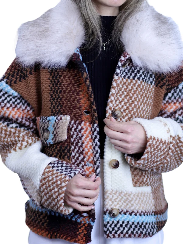 La Fiorentina Short Plaid Wool Jacket w/ Faux Fur Trim- Brown/Ivory Front Pockets Side Pockets Patch Pockets