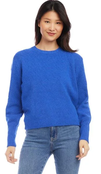 Karen Kane Blouson Sleeve Sweater Blue Boat Neck Shawl Collar Notched Collar