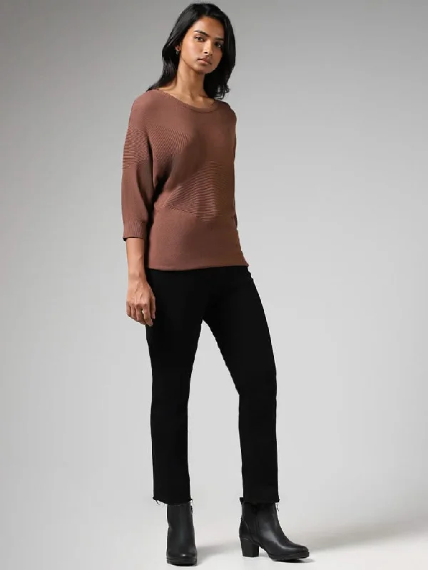 LOV Brown Crisscross Striped Sweater Spandex Rayon Corduroy