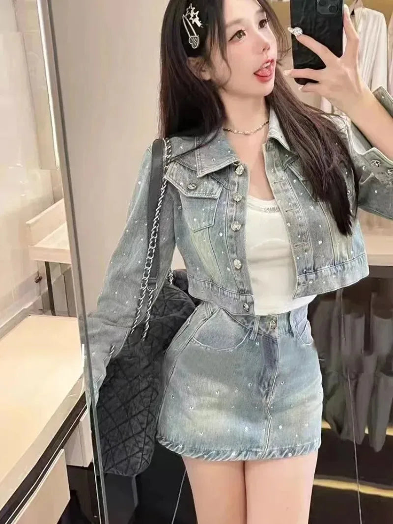 Sweet Temperament Denim Jacket A-line Skirt Two-piece Set Women Fashion Korean Diamond Lapel Solid Spring College Chic Lady Suit Insulated Jacket Fitted Jacket Loose Jacket