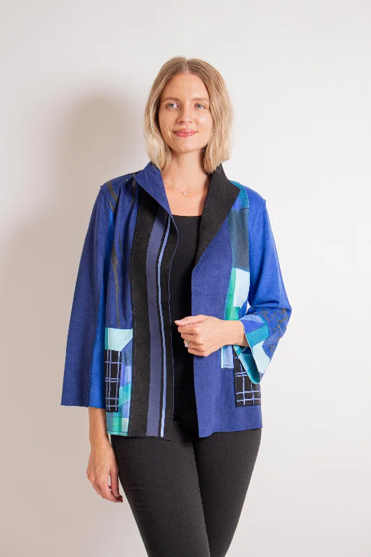 Blue Abstract Open Front Jacket Mesh Jacket Canvas Jacket Denim Jacket