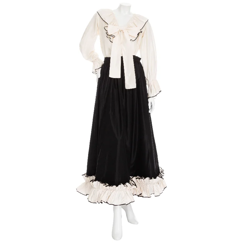 1970s Black and White Silk Taffeta Ruffled Two-Piece Top & Skirt Set leather skirt sleek