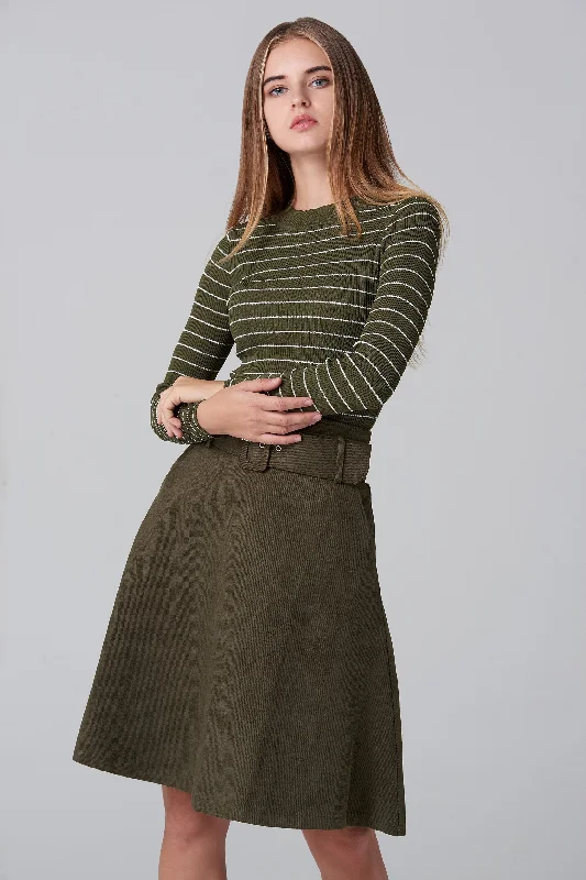 Army  Green Suede Skirt and Stripe Top Set chiffon skirt delicate