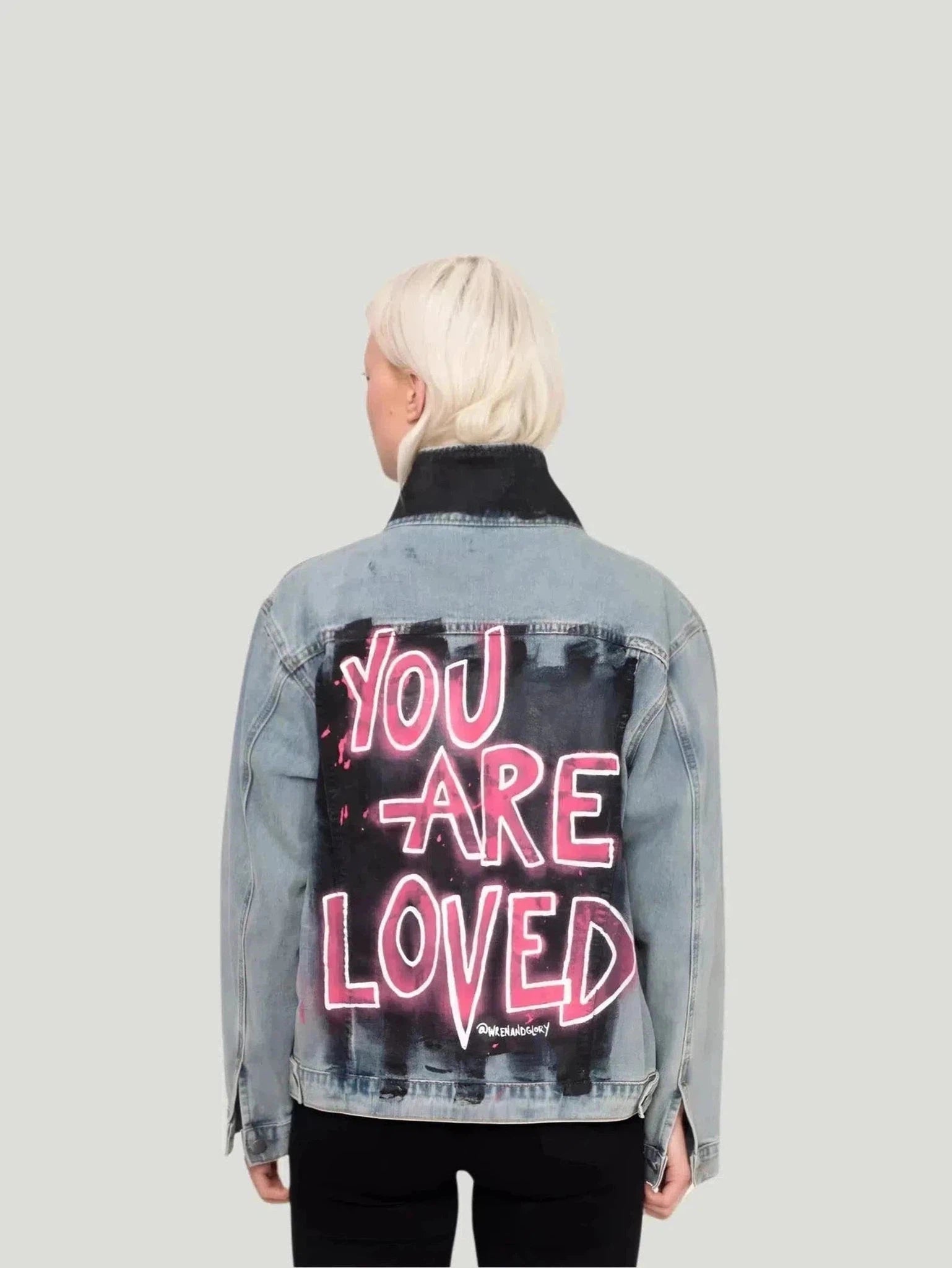 Wren + Glory '4EVA LOVED' Hand Painted Denim Jacket V-Neck Jacket Boat Neck Jacket Square Neck Jacket