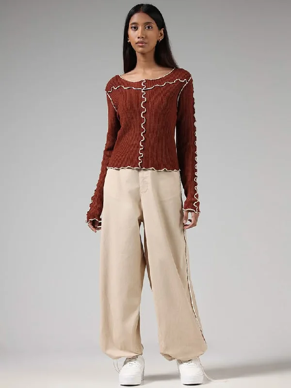 Nuon Brown Knitted Sweater Notch Collar Peter Pan Collar Cowl Neck