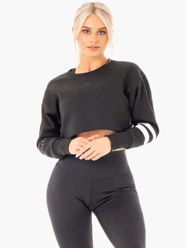 Motion Cropped Sweater - Black Solid Print Embellished