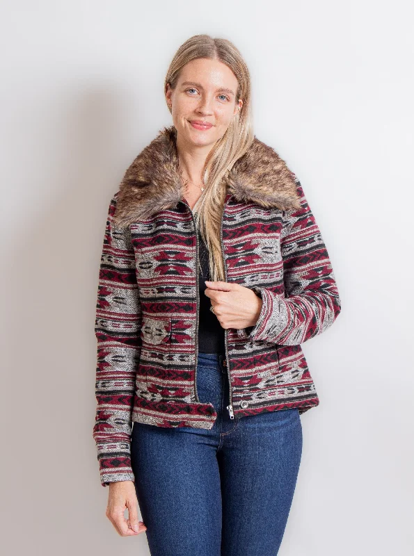 Red Aztec Blanket Jacket Front Pockets Side Pockets Patch Pockets