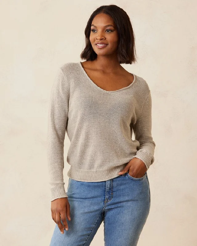 Tommy Bahama Cedar Linen Long Sleeve V-Neck Sweater Natural Seamless Knitted Crochet
