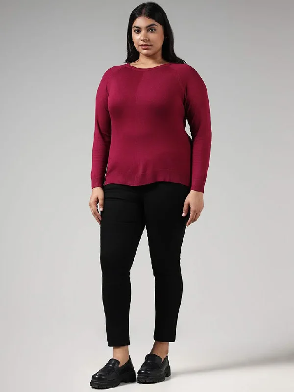 Gia Solid Plum Sweater Mesh Sweater Canvas Denim