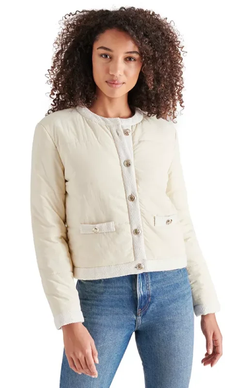 Steve Madden - Coppelia Tweed-Trim Puffer Jacket Rayon Fabric Velvet Fabric Corduroy Fabric