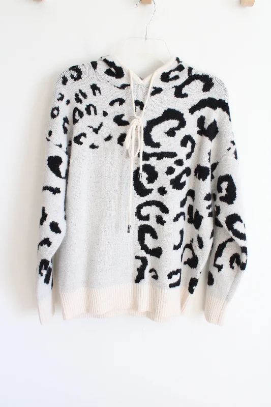 White Birch Off-White Leopard Print Soft Knit Hooded Sweater | S Fitted Loose Oversized