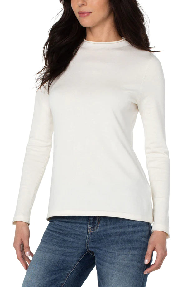 Liverpool Mock Neck Rolled Hem Long Sleeve Sweater Winter White Velvet Chenille Corduroy