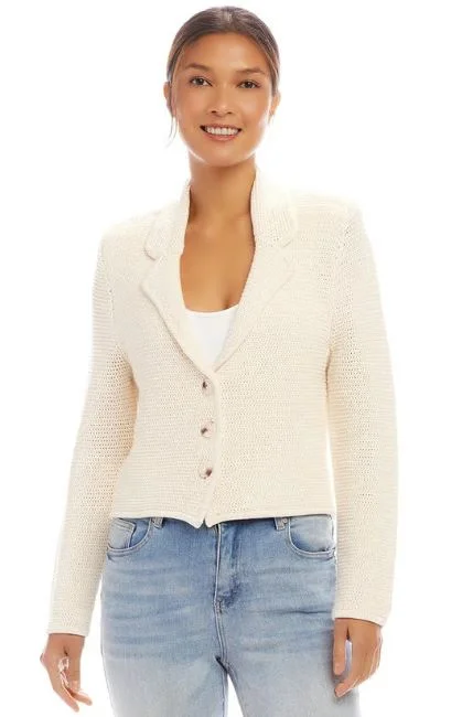 Karen Kane Button Up Blazer Sweater Cream Toggled Drawstring Belted