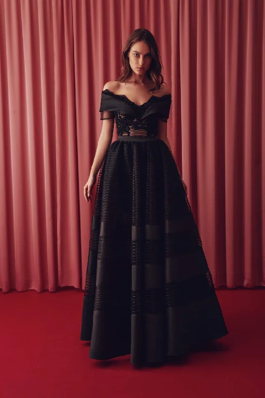 Off shoulder semi sheer top with tulle taffeta mix skirt cashmere skirt plush
