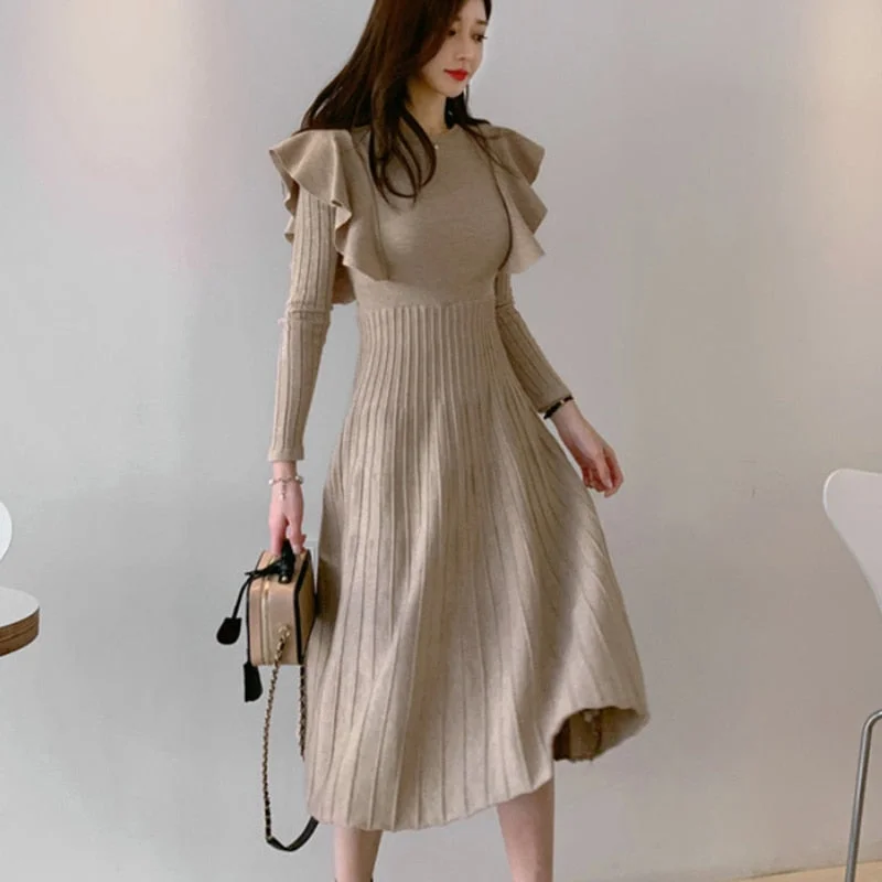 Vintage Elegant O-Neck Female Thicken Knit Long Dress Slim Full Sleeve Ruffles Women Sweater Dresses Vestidos Autumn Winter Hooded Sweater Collared Sweater Shawl Collar