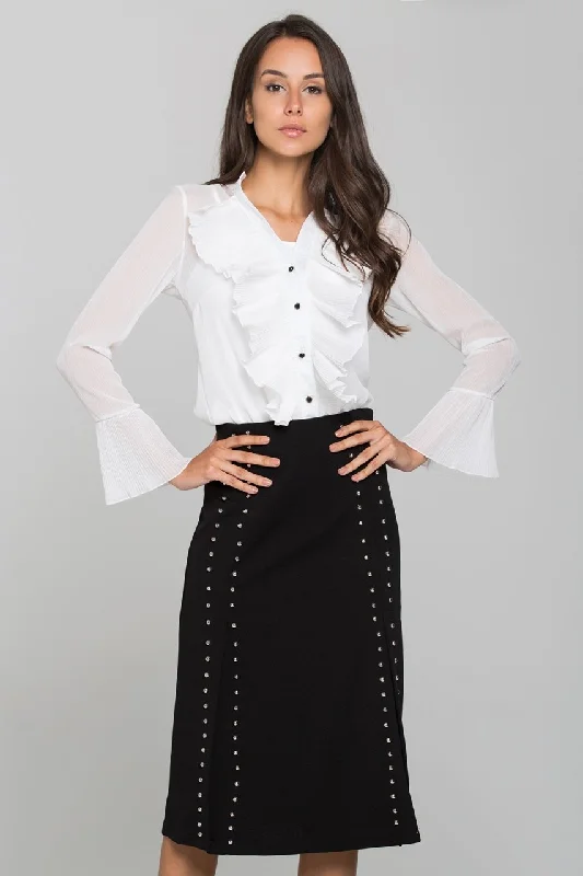 White Pleated Gabot Top and Black Skirt Set casual skirt length