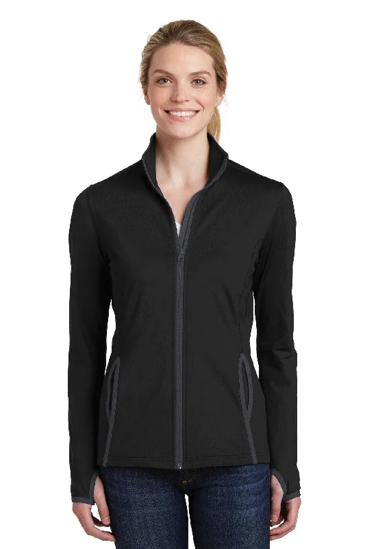 Sport-Tek Ladies Sport-Wick Stretch Contrast Full-Zip Jacket.  LST853 Notch Collar Peter Pan Collar Cowl Neck